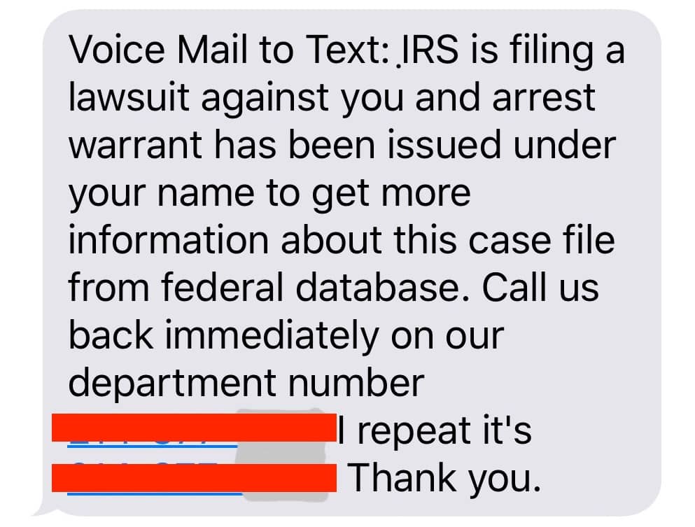 Fake text message from the IRS