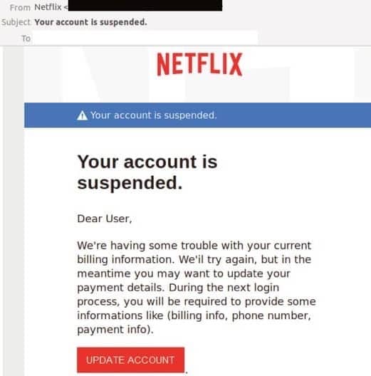 Sscreenshot of an account suspension email claiming to be from Netflix