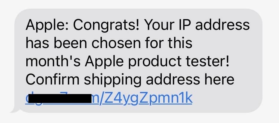 Example of a text message scam claiming you’ve won a prize. 
