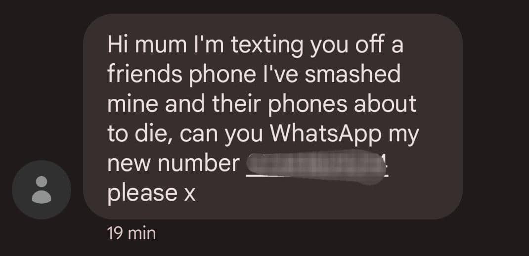 Example of a fake text message claiming to be from the victim’s child. 