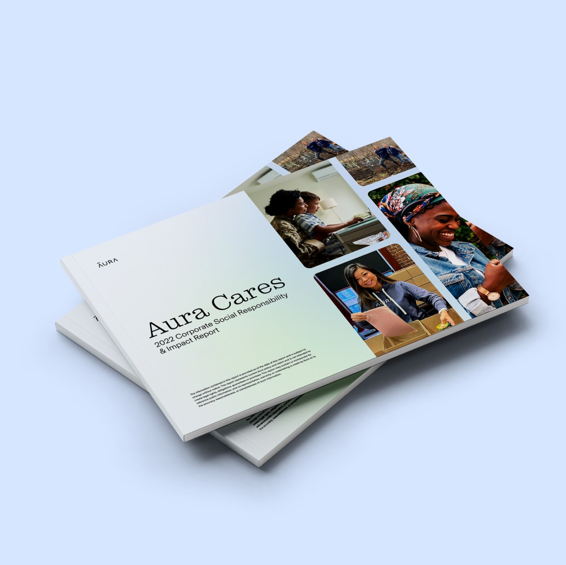 Aura Cares Report. Text: Aura Cares 2022 Corporate Social Responsibility & Impact Report.
