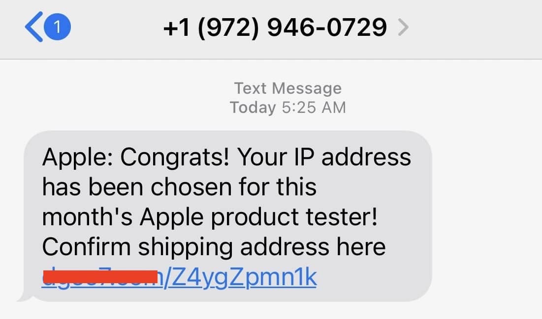 Example of an unwanted text message claiming to come from Apple