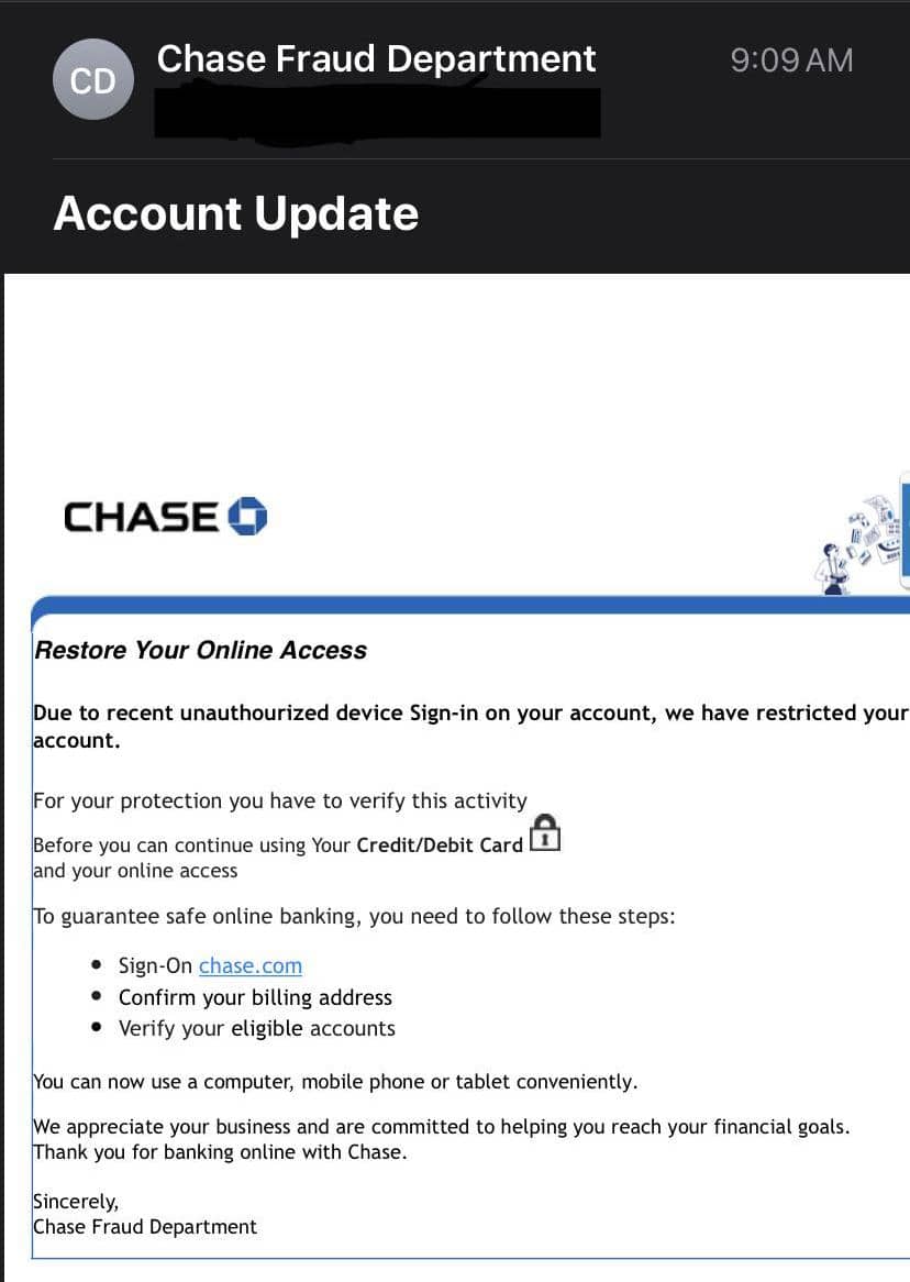Fake email claiming to be from the Chase Fraud Department informing the recepient that their account has been temporarily disabled
