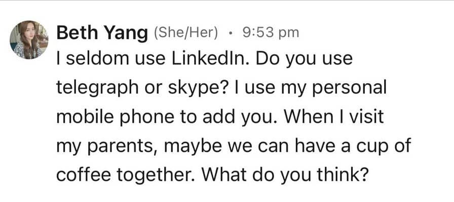 Screenshot of a LinkedIn chat by a catfisher