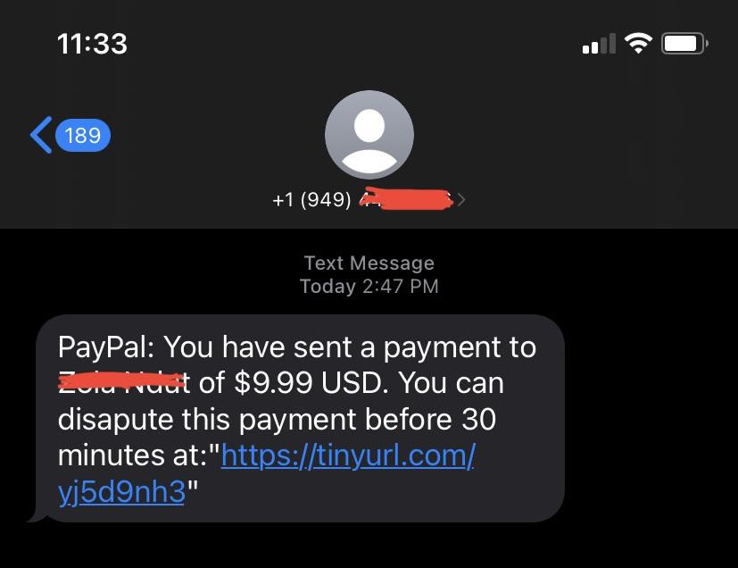 An example of a PayPal phishing text message. 