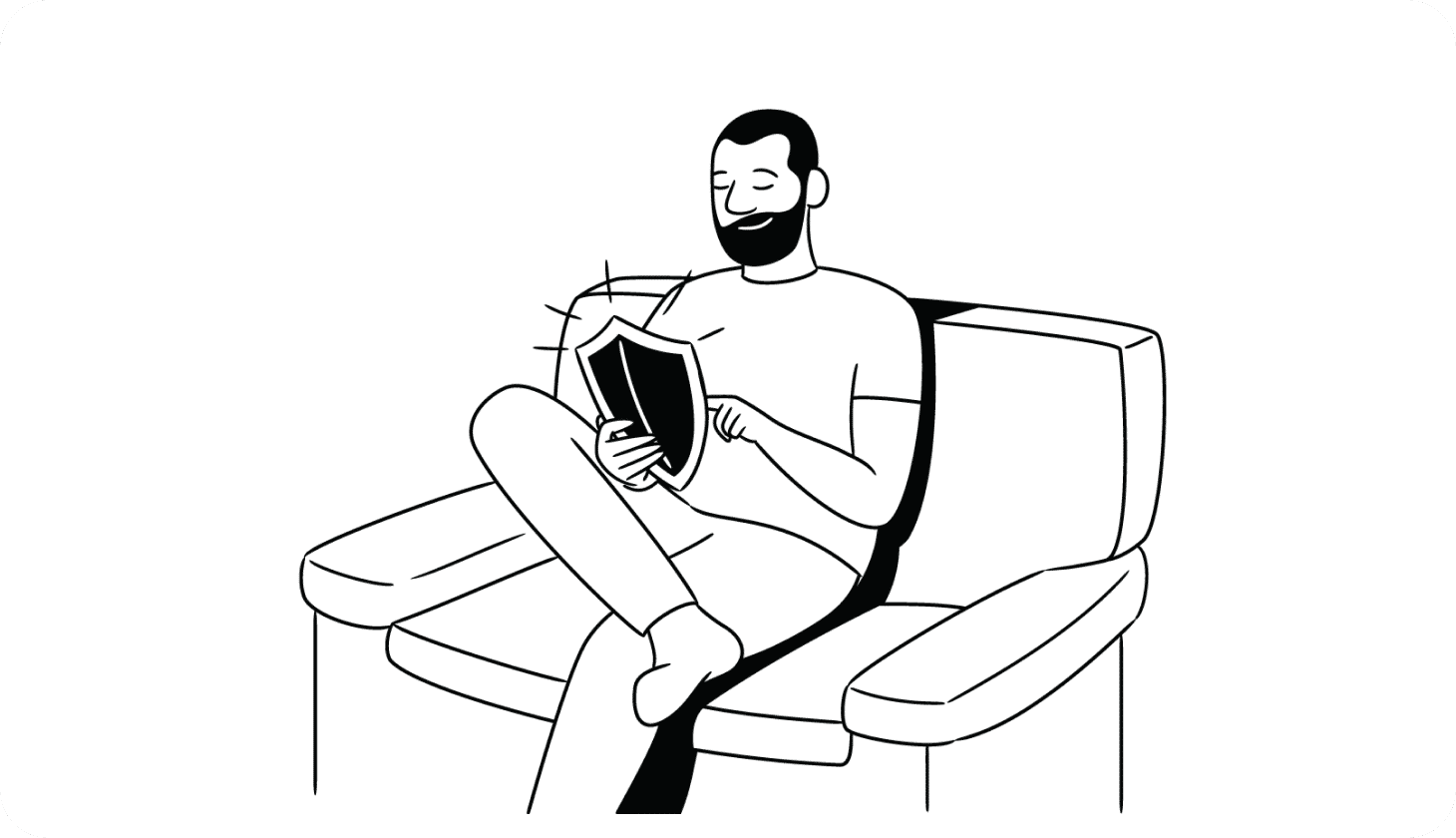 An illustration of a seated man browsing on what looks like a shield-shaped device