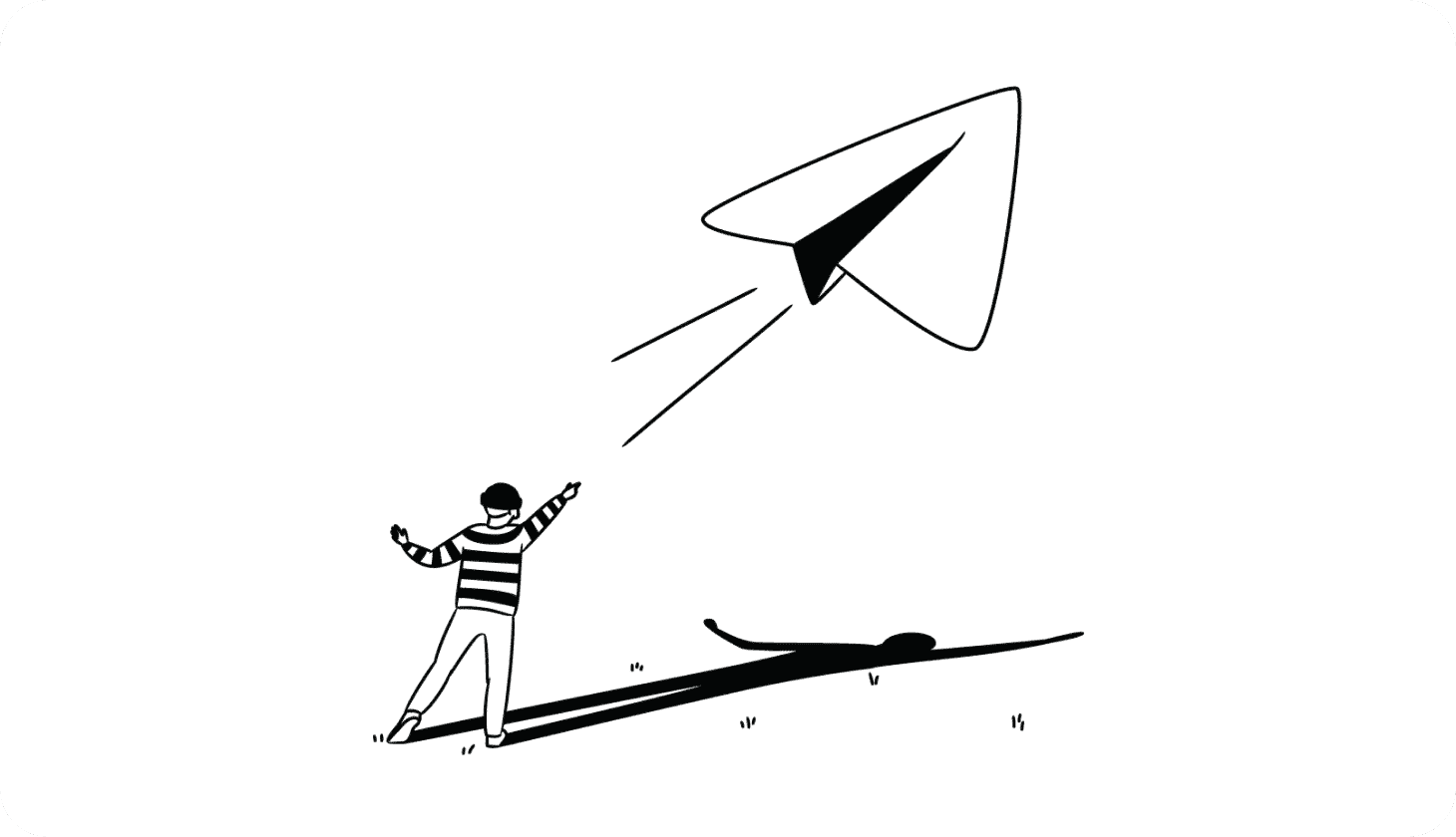An illustration of a scammer flying a paper plane that looks like the Telegram app logo