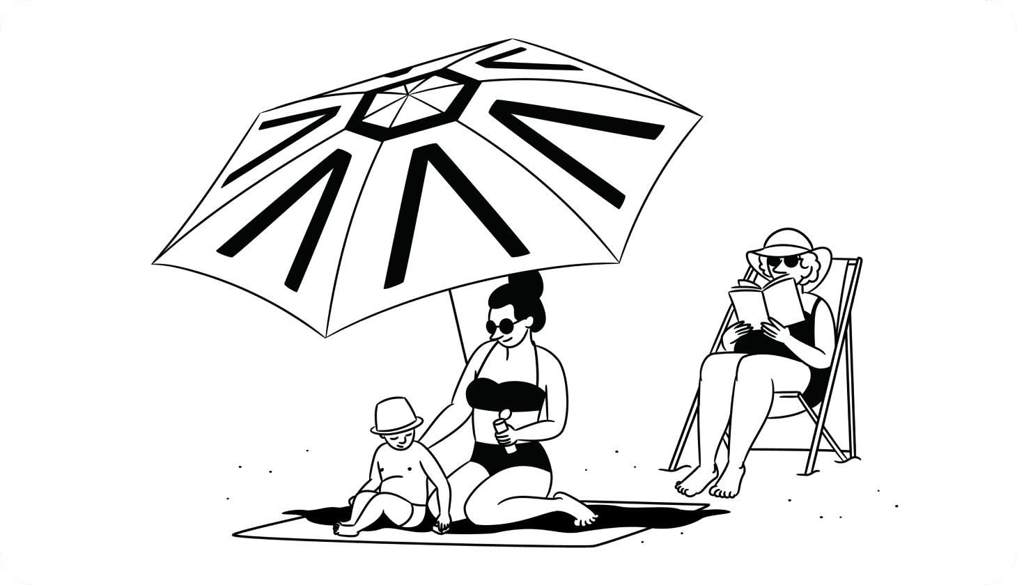 Illustration of a woman applying sunscreen to her child's back on the beach while her grandmother reads a book behind them.