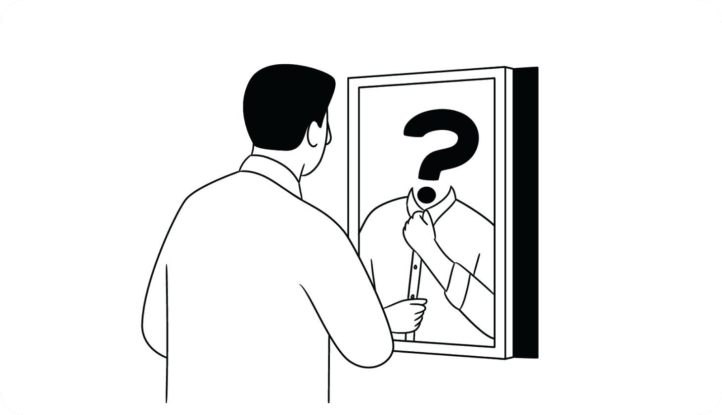 Illustration of a man staring at a mirror but his reflection has a question mark where his face should be