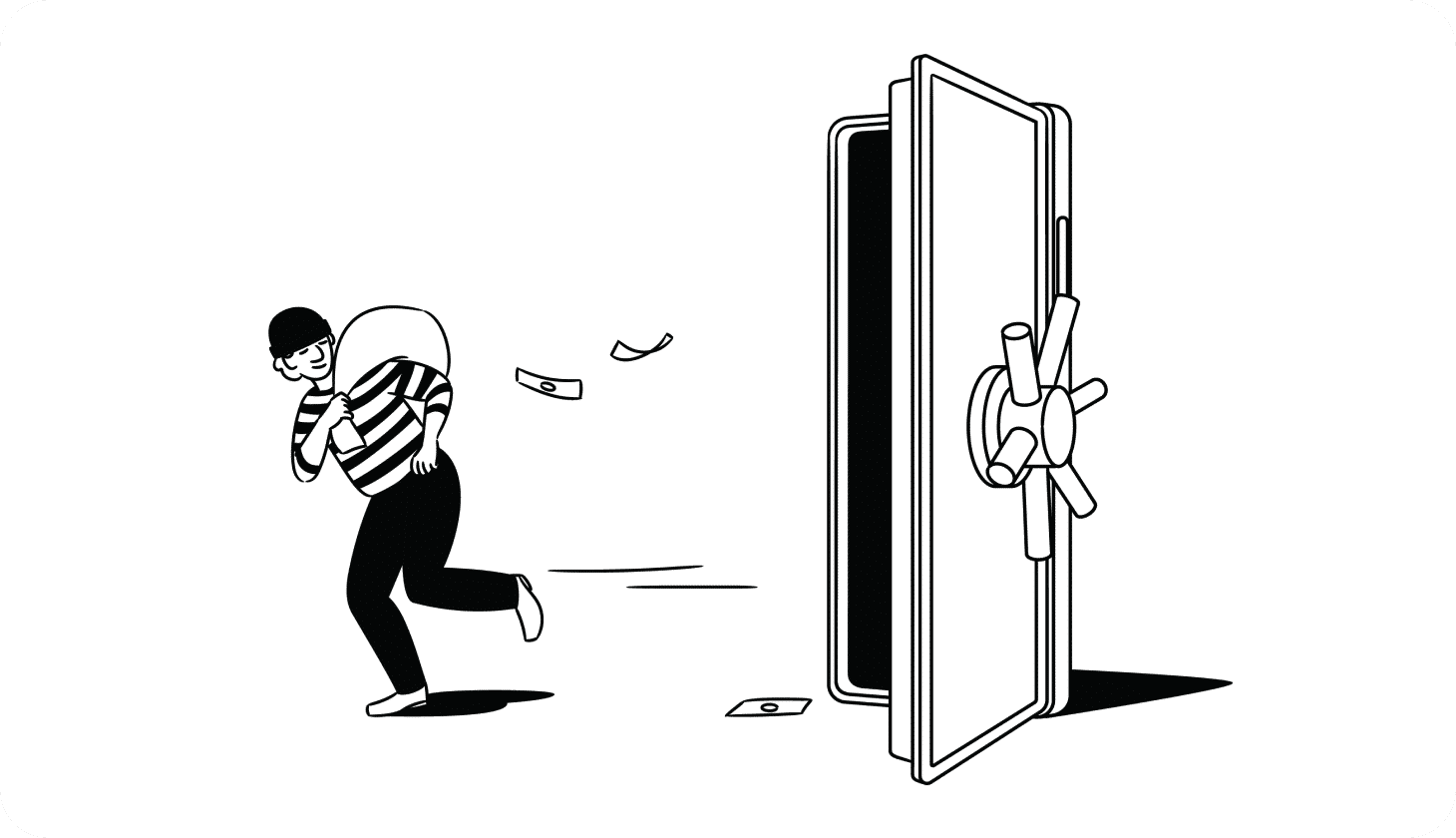 Illustration of a thief running out of a bank vault with a bag full of money.
