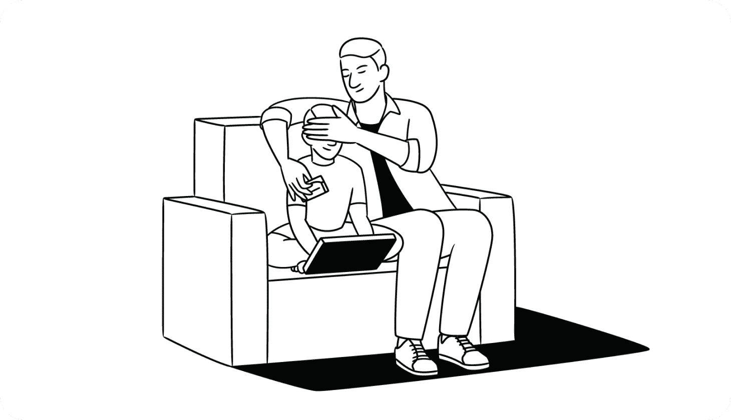 Illustration of a parent on a couch covering their child's eyes and stealing their Social Security card