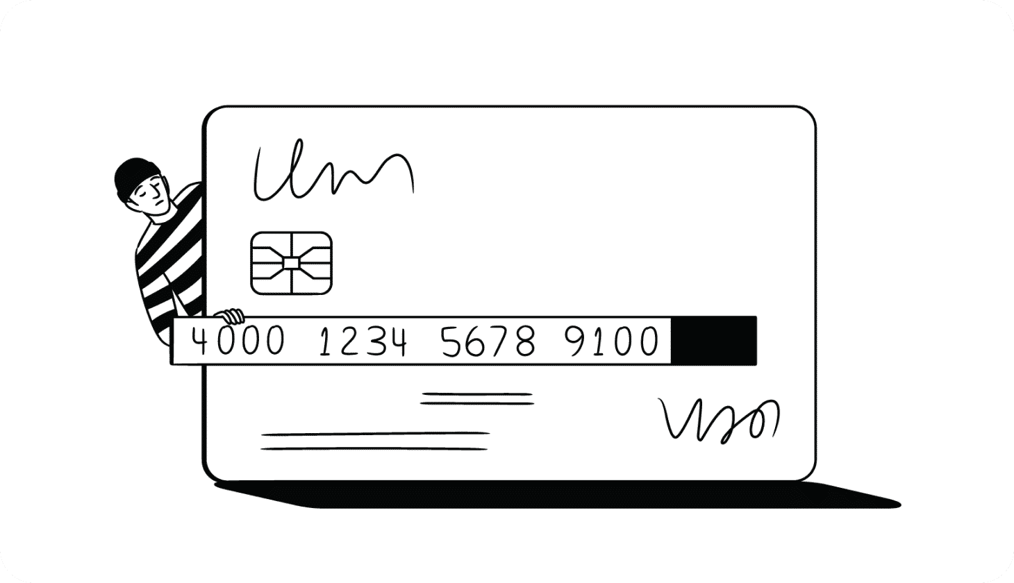 An illustration of an intruder positioned behind a life-size credit card