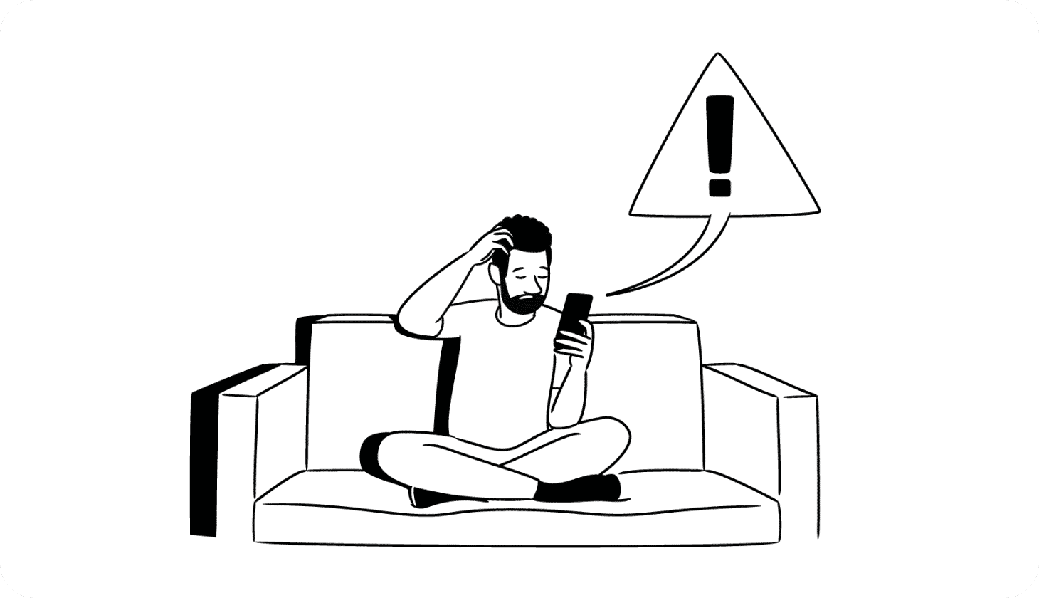 Illustration of a man sitting on a couch and staring at his phone with a concerned look on his face