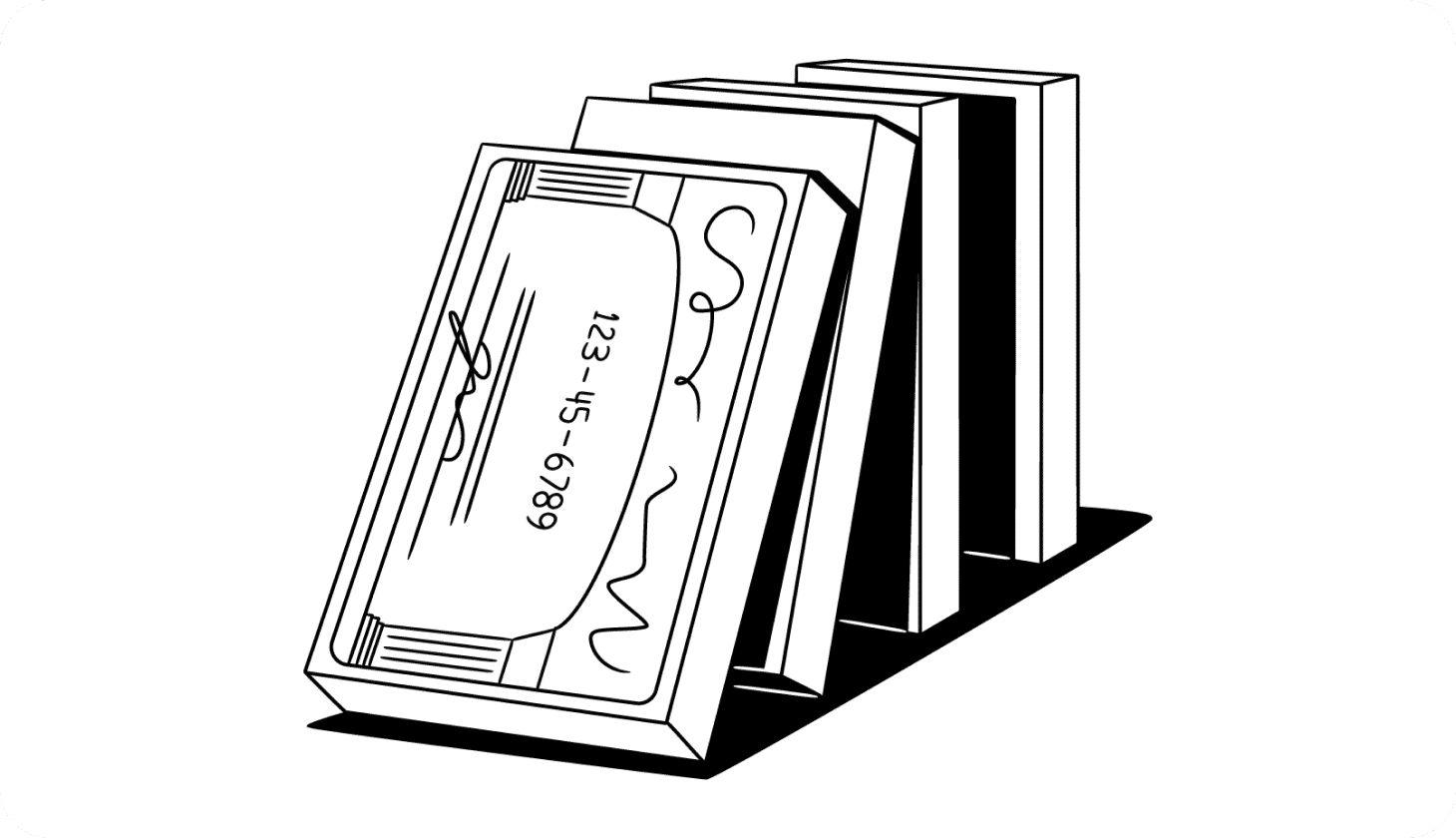 Illustration of four Social Security cards stacked like dominoes