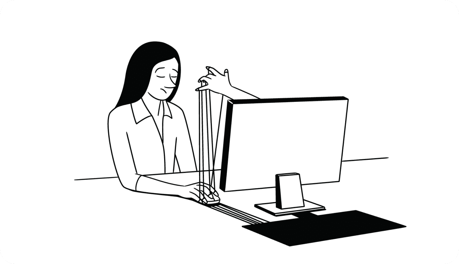 Illustration of a hand reaching out of a computer's screen and controlling a woman's hand like a puppet.