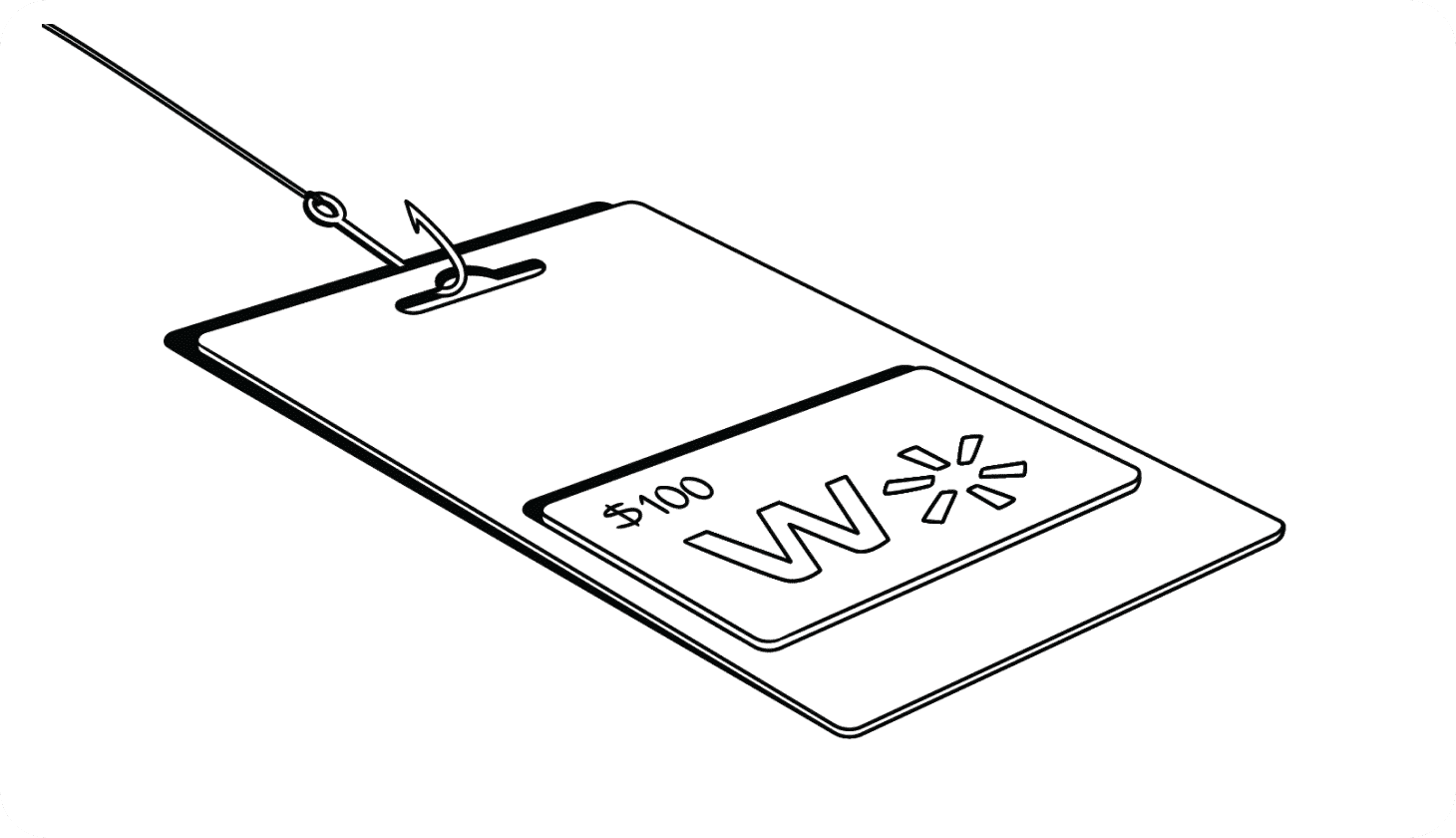 Walmart scams - lead image Illustration of a Walmart gift card with a fishing lure through it to represent scams targeting Walmart shoppers