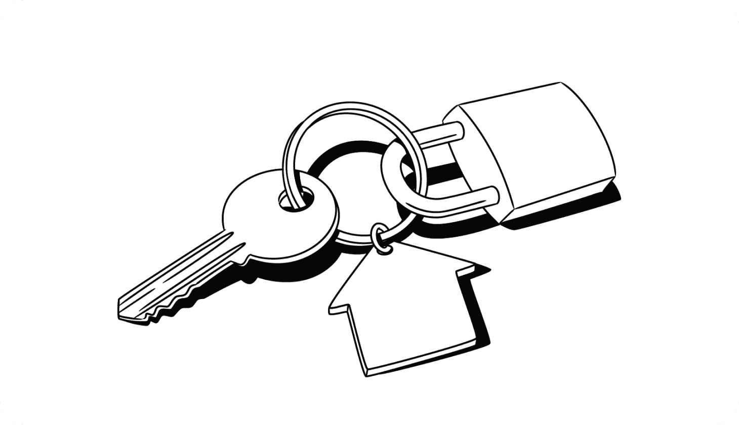 An illustration of a key on a lock- and house-shaped keychain