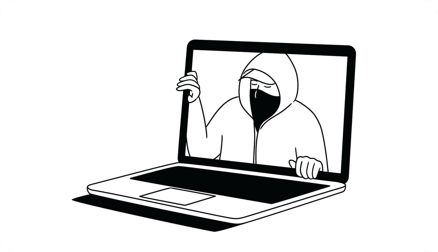 Illustration of a thief climbing out of a laptop screen