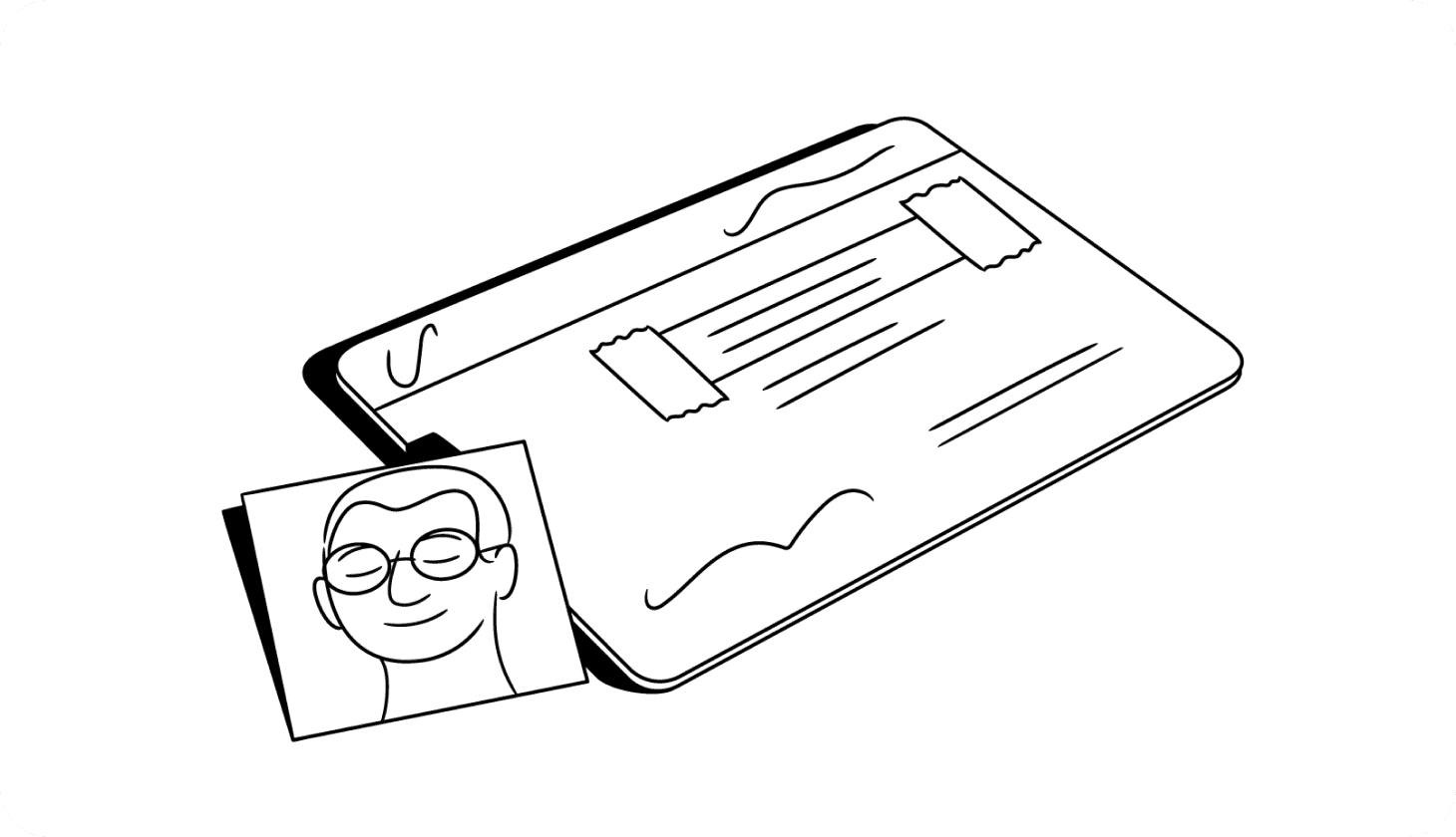 Illustration of a passport photo next to a piece of ID with tape covering the sensitive information.