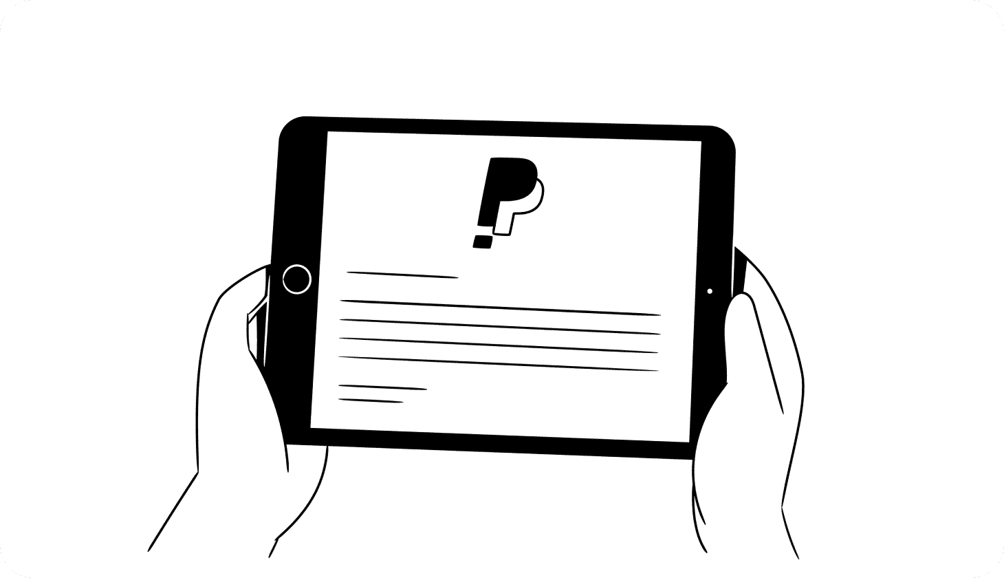 Illustration showing two hands holding a tablet displaying the PayPal website