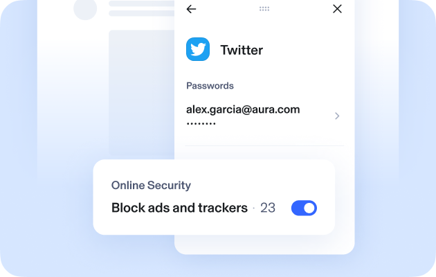 Graphic representative of Aura's anti-track feature, showing 23 ads and trackers as being blocked on Twitter

