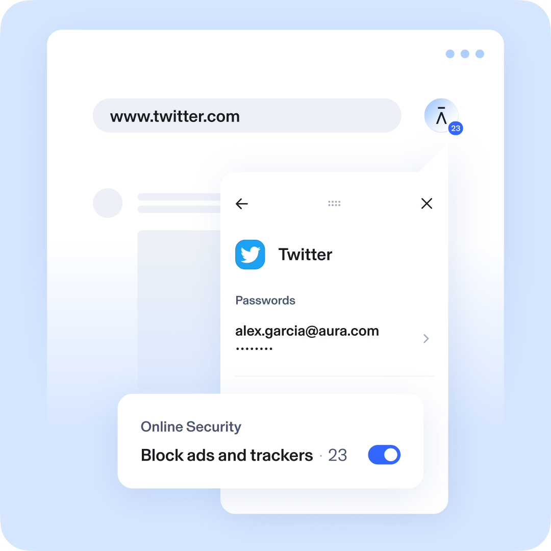 Graphic representative of Aura's anti-track feature, showing 23 ads and trackers as being blocked on Twitter
