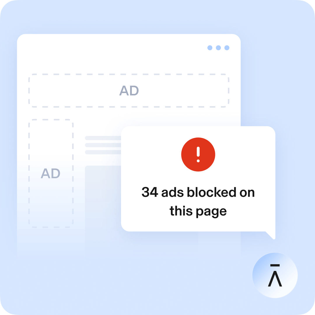 Aura alert. Text: 34 ads blocked on this page. 