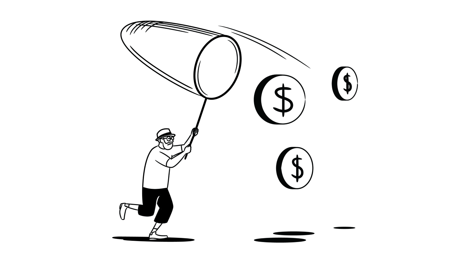 An illustration of a person trying to catch floating coins with a butterfly net