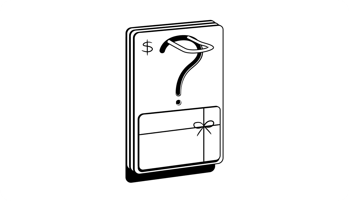 An illustration of three stacked, upright gift cards with a question mark overlaid on top of them.