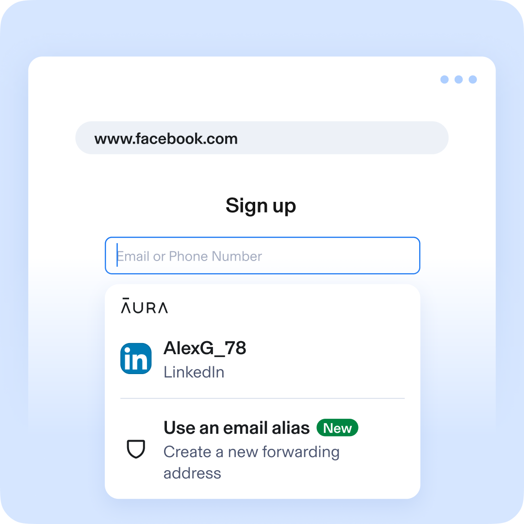 Aura Email Alias product. Text: Sign up. AlexG-78 - LinkedIn. Use an email alias - Create a new forwarding address. 