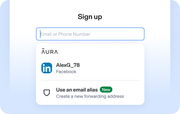 Aura Email Alias product. Text: Sign up. AlexG-78 - LinkedIn. Use an email alias - Create a new forwarding address. 