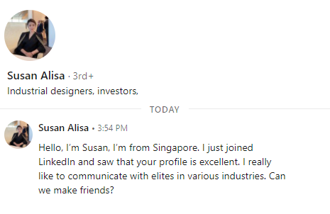 An example of a catfisher on LinkedIn
