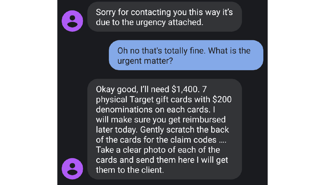 Example of text message from fake employer seeking Target gift cards.