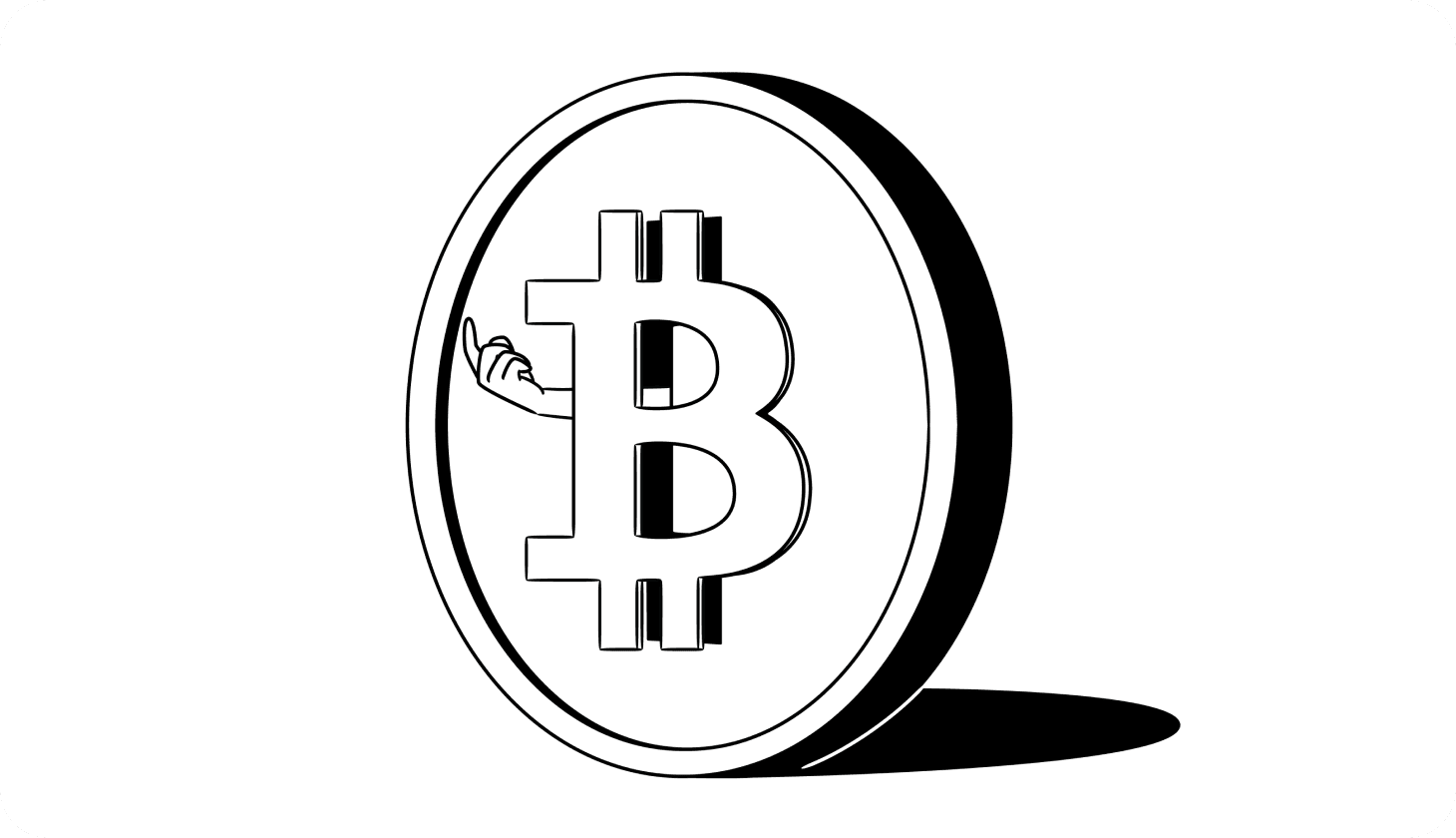 Illustration of the Bitcoin logo on an upright coin where an arm is emerging from the side of the coin