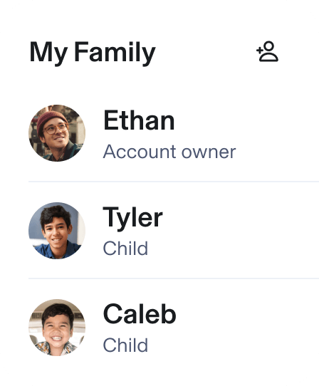 Aura app interface showing My Family section with profiles: Ethan — Account Owner, Tyler — Child, and Caleb — Child