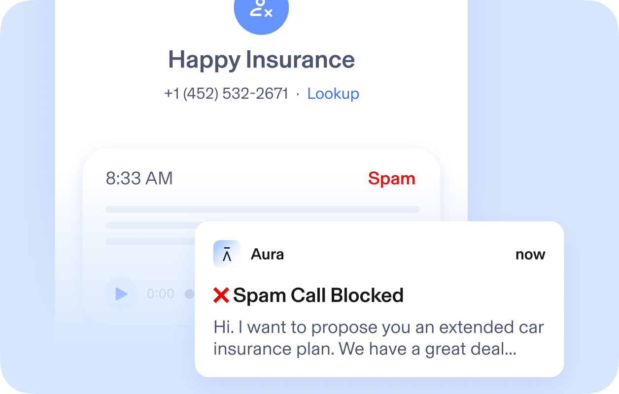 Aura spam call blocker. Text: Happy Insurance. Aura - now. Spam Call Blocked. 