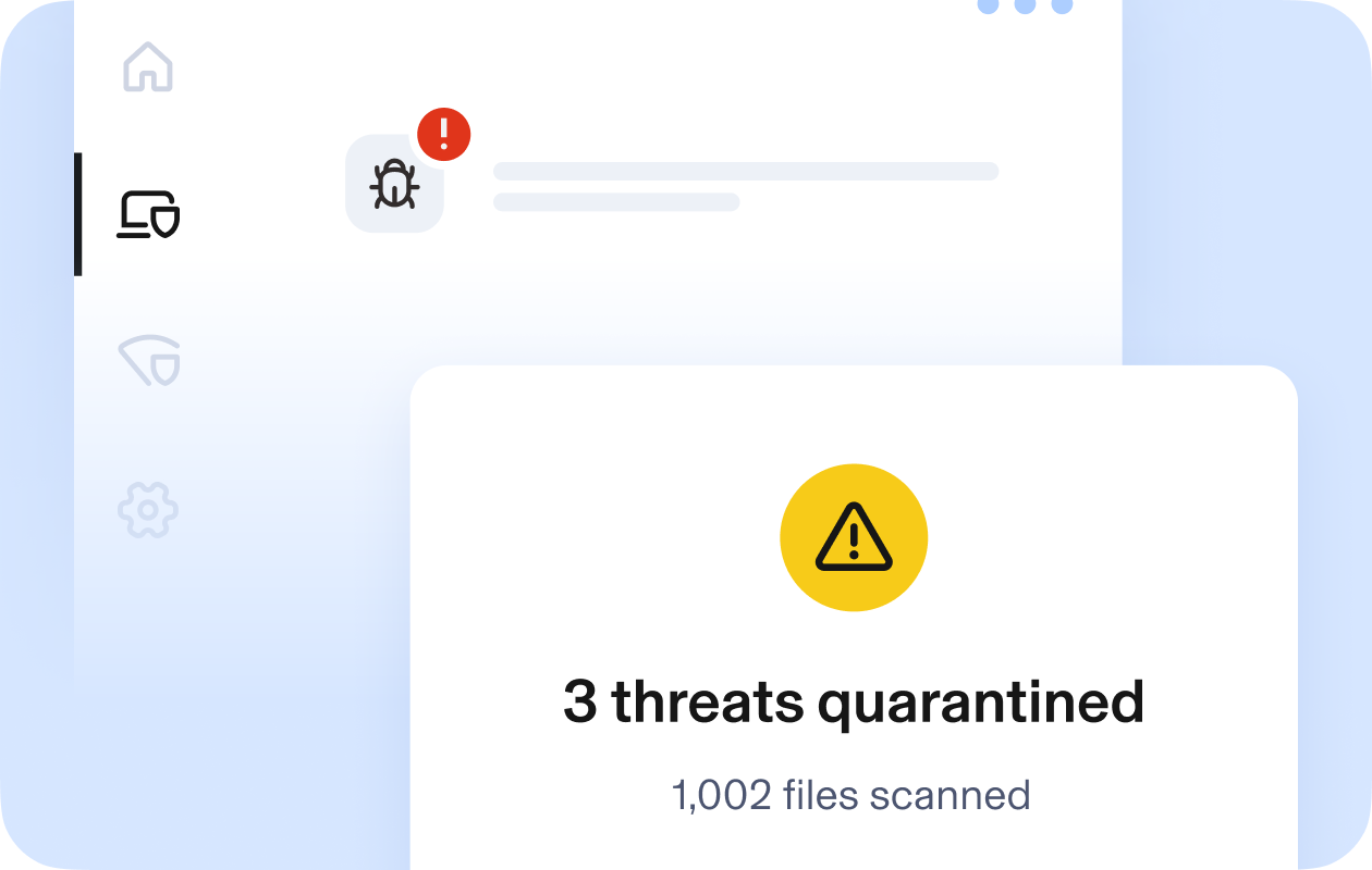 Aura's antivirus alert. Text: 3 threats quarantined. 1,002 files scanned.