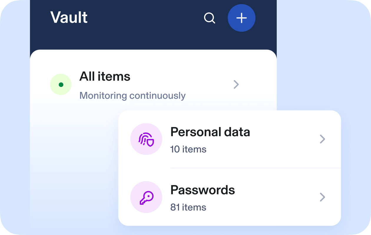 Aura Vault product. Text: Vault. All items monitoring continuously. Personal data - 10 items. Home and property - 1 items. Passwords - 81 items. 