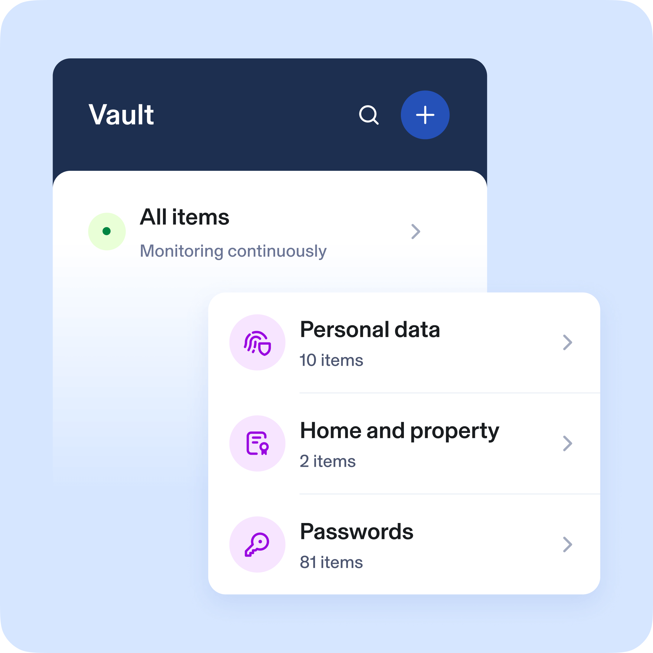 Aura Vault product. Text: Vault. All items monitoring continuously. Personal data - 10 items. Home and property - 1 items. Passwords - 81 items. 