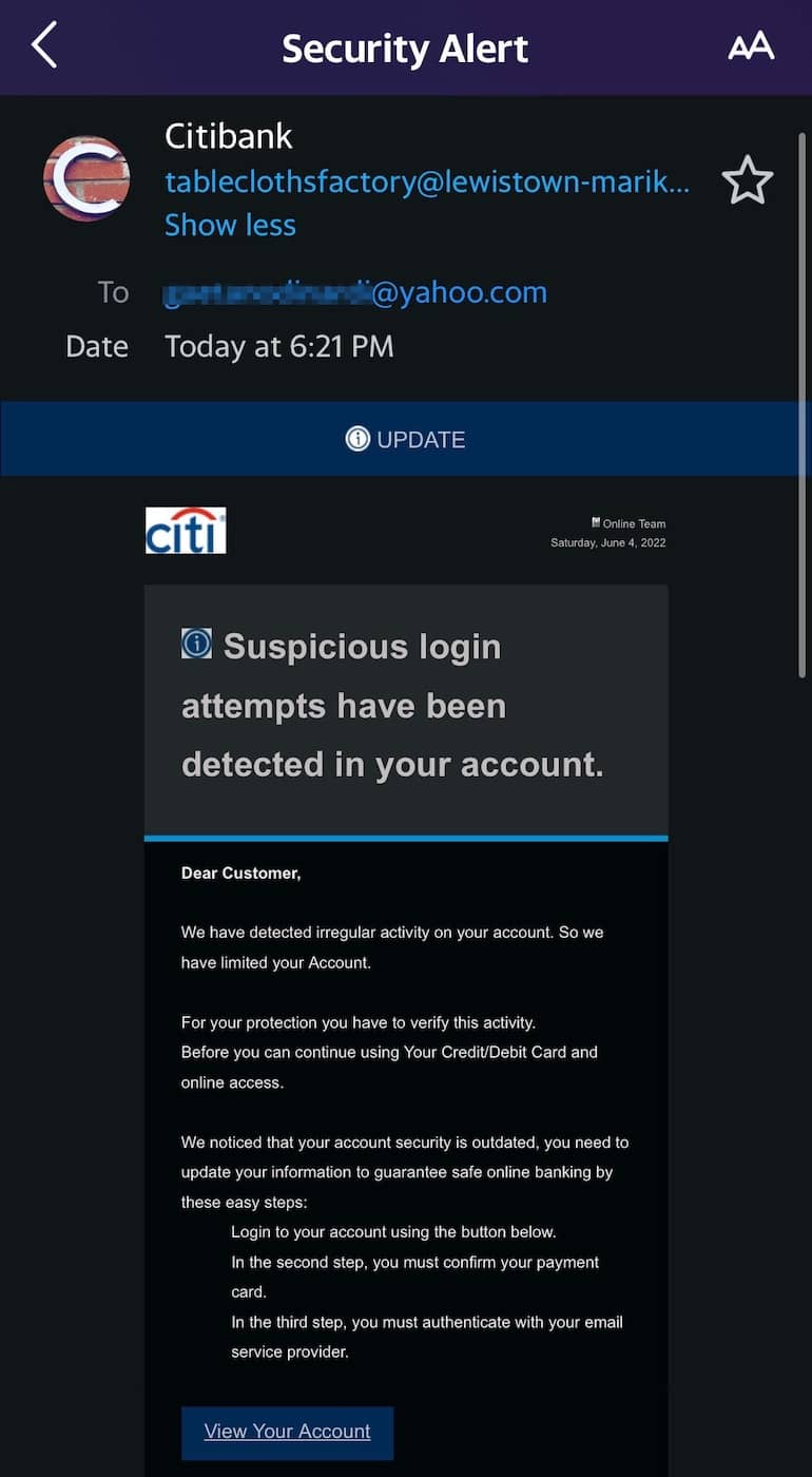 Example of a Citibank phishing email