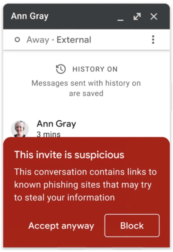 Scammers are finding ways to get around the warning messages in Google Chat. Source: CNET