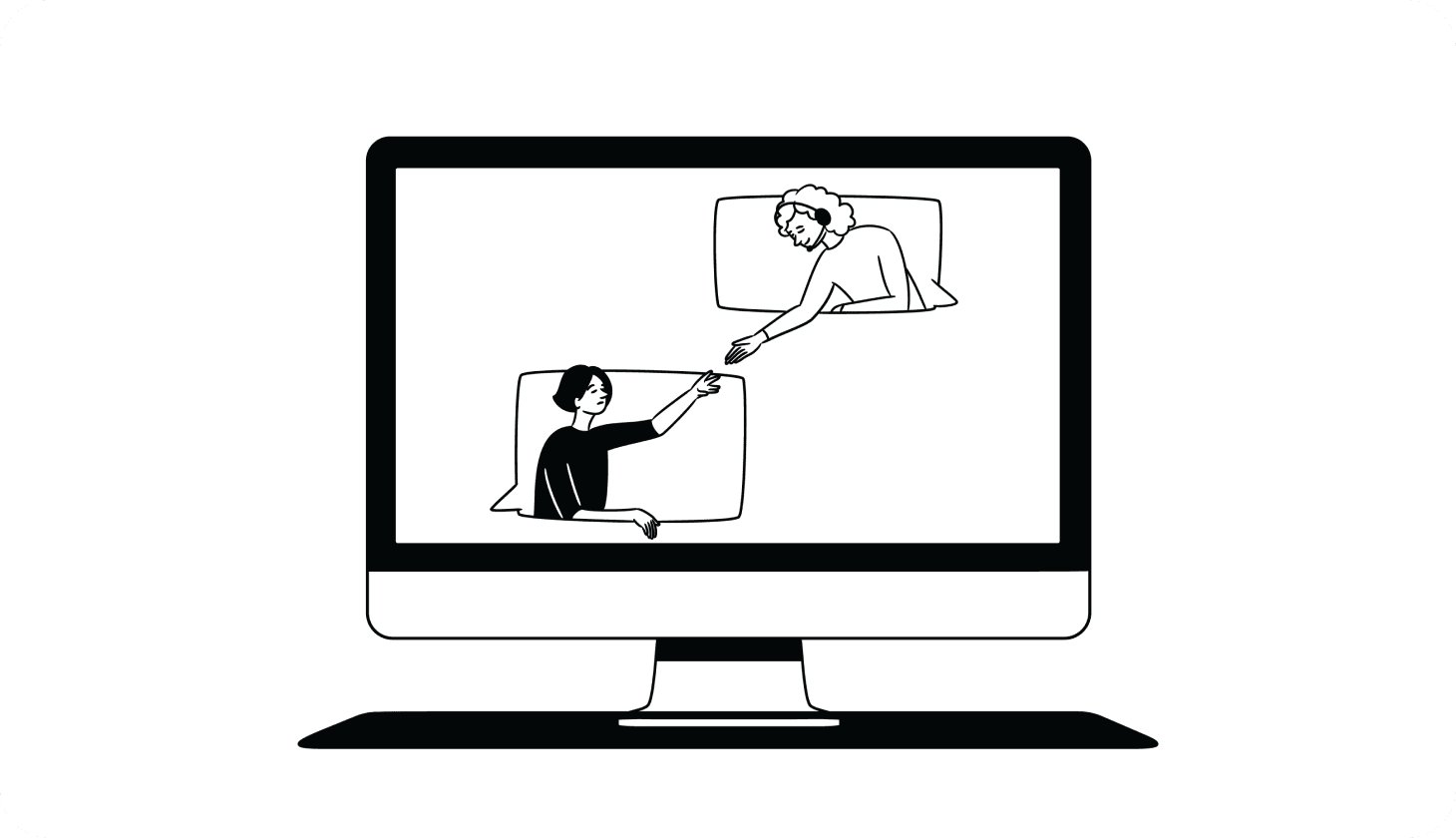 Identity theft victim assistance – illustration Illustration of a support rep reaching out to a victim of identity theft on a computer screen