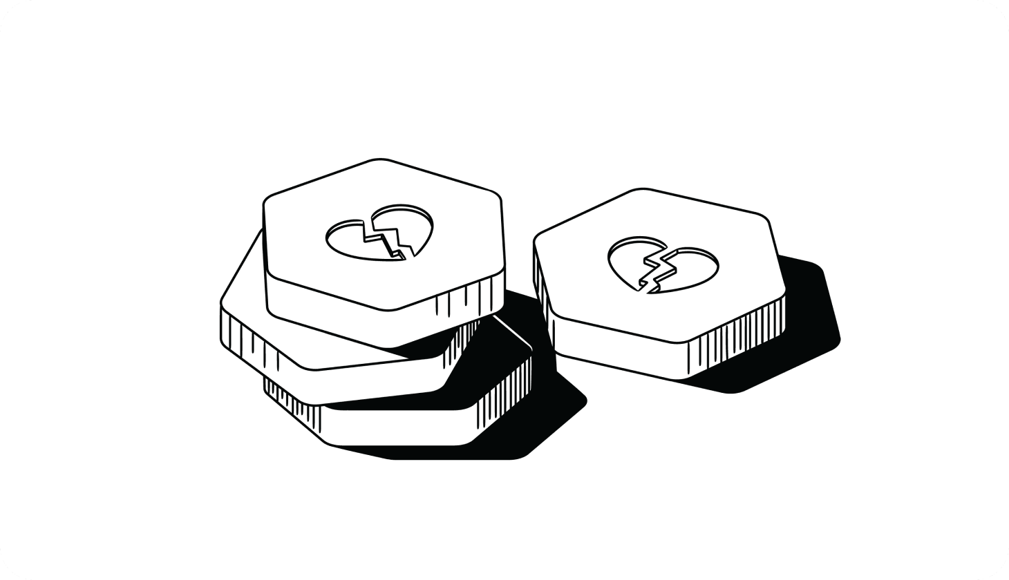 Illustration of a stack of Bumble logos with a broken heart in the middle of each.