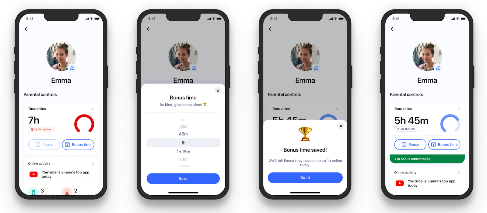 Four screenshots of new parental controls Bonus Time features in the Aura product.
