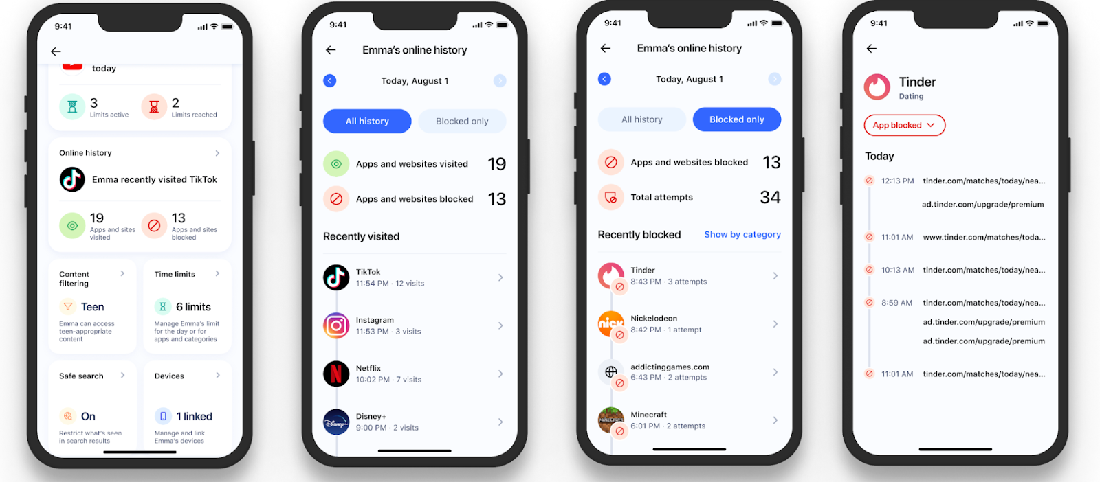 Four screenshots of new parental controls History features in the Aura product.