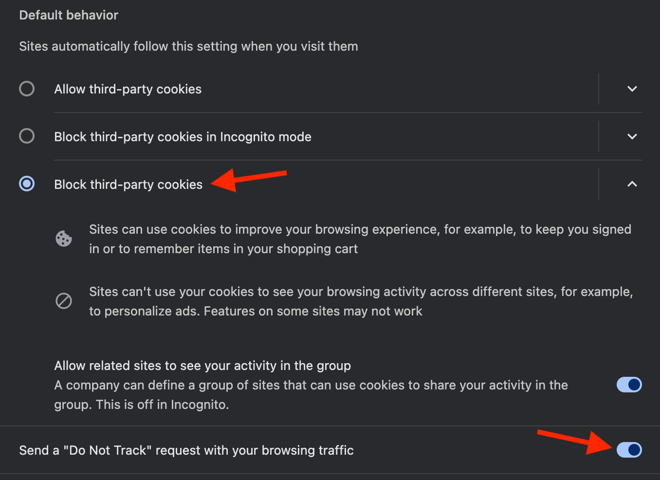 Google Chrome block third-party cookies Settings page in Google Chrome with arrows pointing to a toggle to block third-party cookies