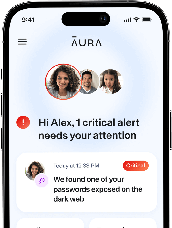 Aura app on a phone. Text: Aura. Hi Alex, 2 critical alerts need your attention. Critical: Lizzy has been using a new app.Manage it today. 