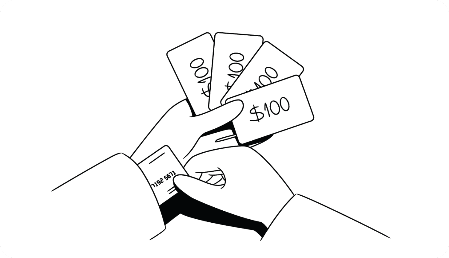Illustration of someone holding gift cards like a poker hand with a credit card peeking out of their sleeve