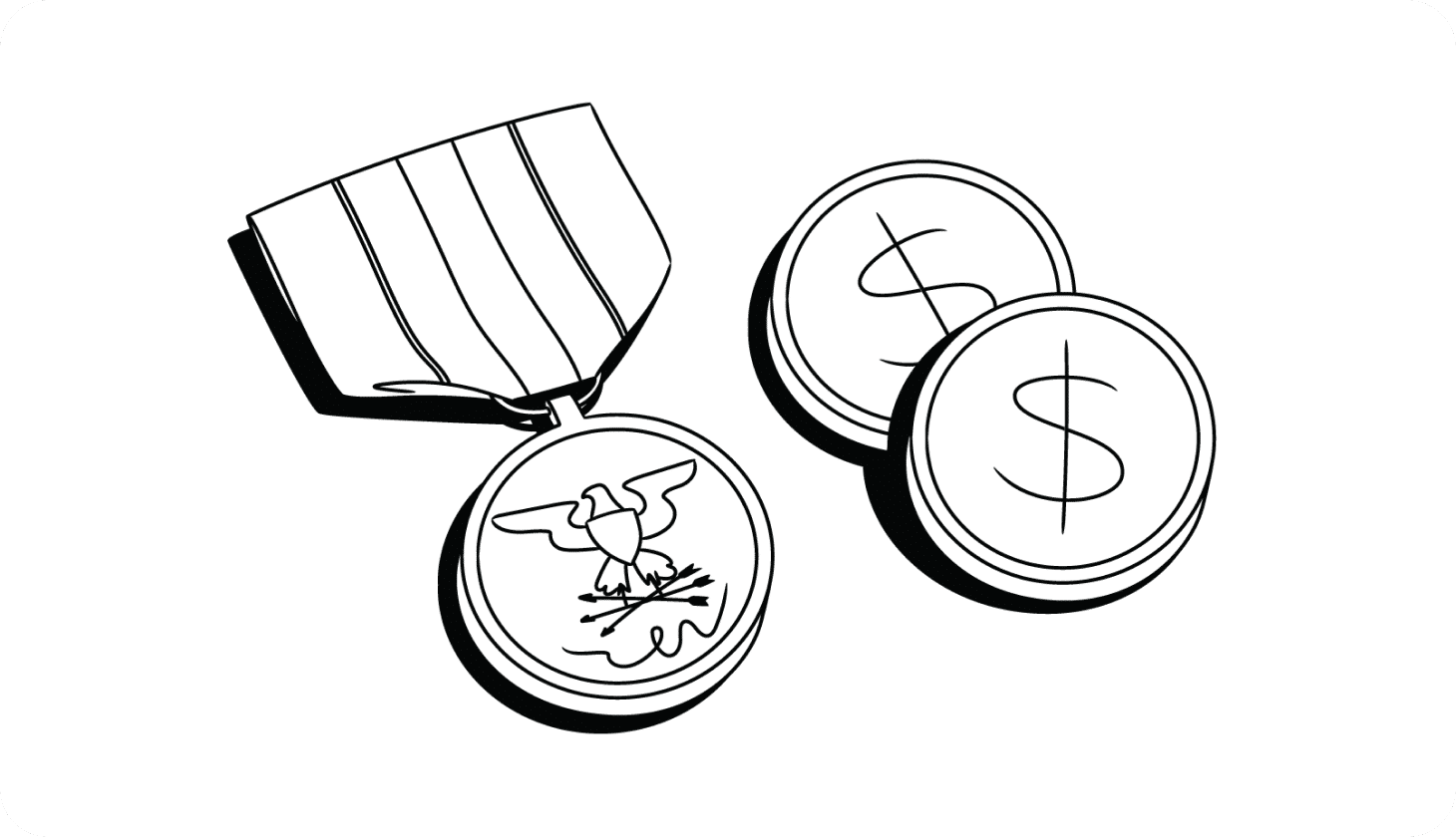 Illustration of a military medal next to a pair of coins