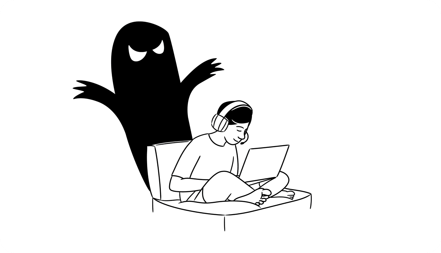 An illustration of a threatening shadowing lurking behind a child using his laptop